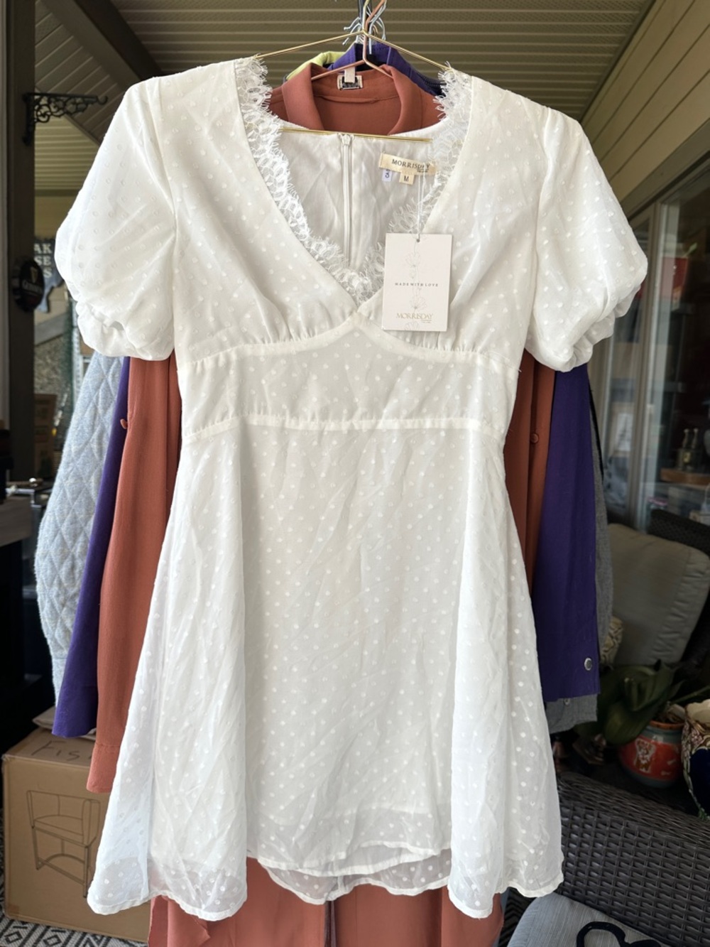 White Swiss Dot Puff Sleeve Mini Dress Morrisday Medium. 17” P2P